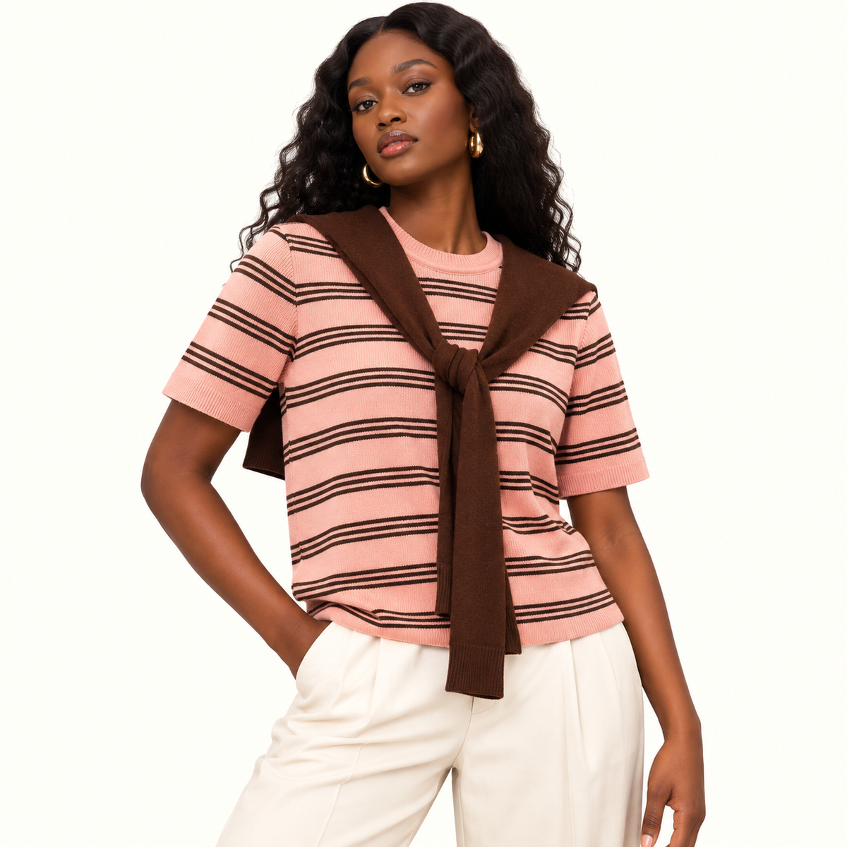 Striped Knit Top with Brown Draped Collar