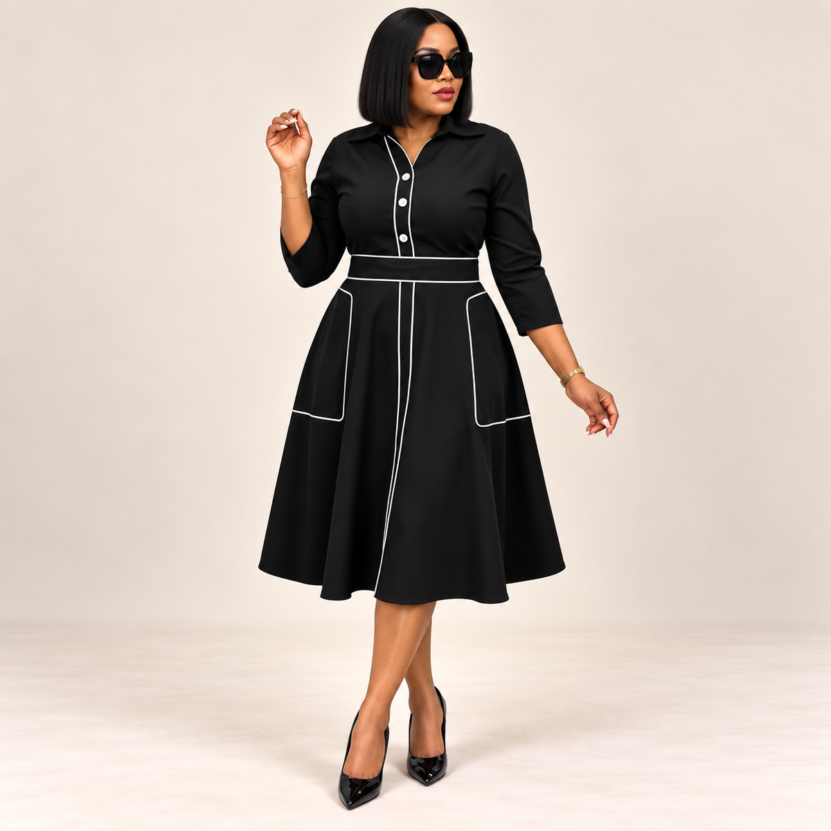 Contrast Piping Button-Up Midi Dress
