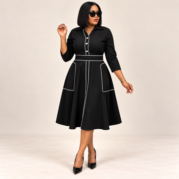 Contrast Piping Button-Up Midi Dress