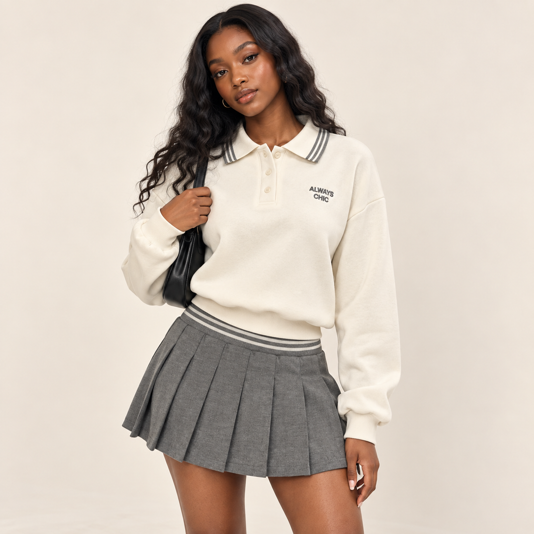 Classic Contrast-Trim Polo Sweatshirt & Pleated Skirt Set