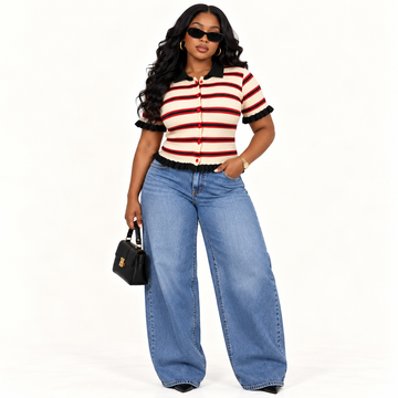 Short-Sleeve Striped Knit Button-Up Top