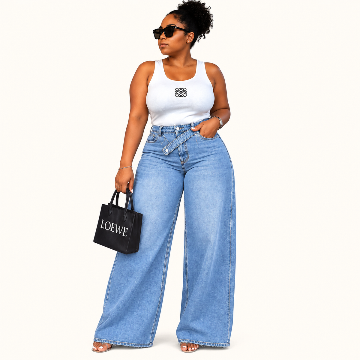 Cross-Waist Wide-Leg Denim Jeans