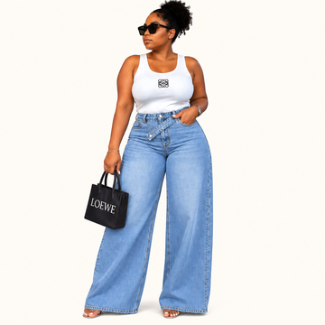 Cross-Waist Wide-Leg Denim Jeans