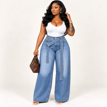 Wide-Leg Denim Jeans with Polka-Dot Tie-Waist Detail