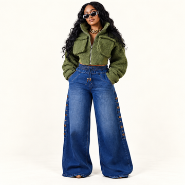 High-Waisted Wide-Leg Jeans with Button-Side Detail