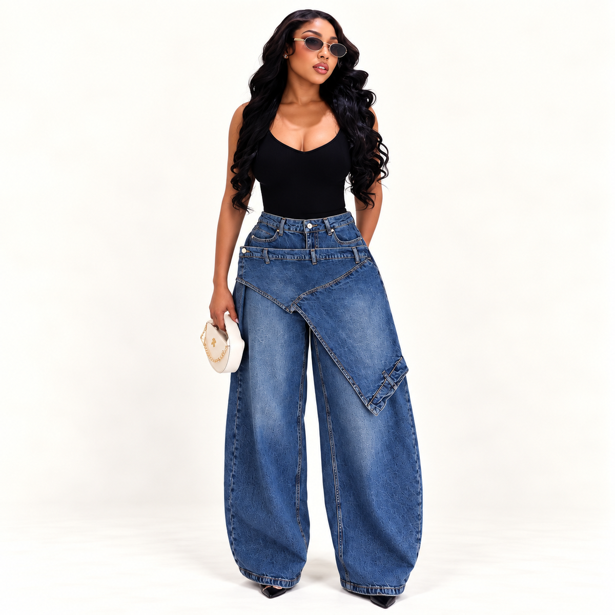 Overlay Wide-Leg Denim Jeans