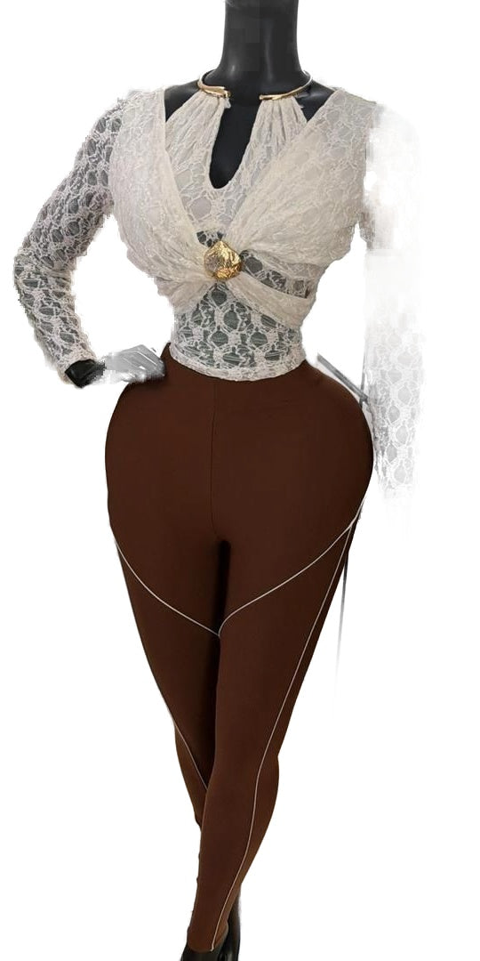 High Waist Brown Leggings – Contrast Stitch Detail
