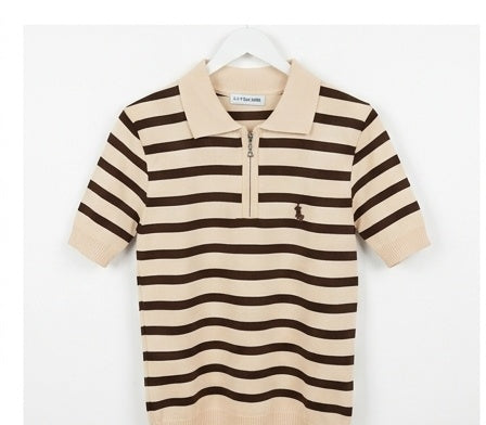 Striped Knit Zip-Up Polo Shirt | Short Sleeve Collared Sweater Top for Women
