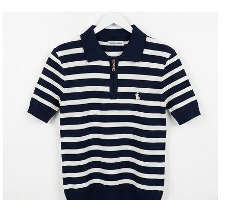Striped Knit Zip-Up Polo Shirt | Short Sleeve Collared Sweater Top for Women