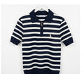 Striped Knit Zip-Up Polo Shirt | Short Sleeve Collared Sweater Top for Women