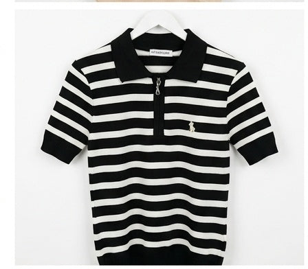 Striped Knit Zip-Up Polo Shirt | Short Sleeve Collared Sweater Top for Women