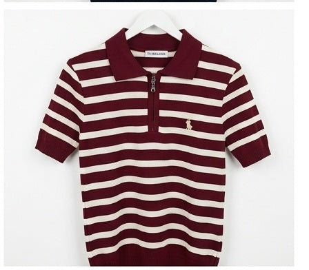 Striped Knit Zip-Up Polo Shirt | Short Sleeve Collared Sweater Top for Women