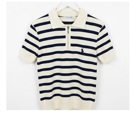 Striped Knit Zip-Up Polo Shirt | Short Sleeve Collared Sweater Top for Women