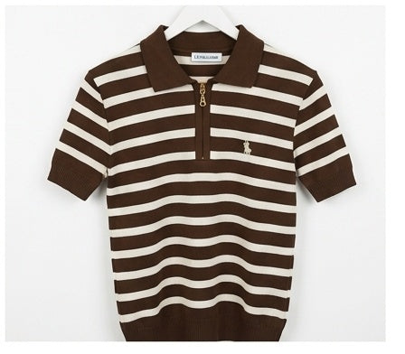 Striped Knit Zip-Up Polo Shirt | Short Sleeve Collared Sweater Top for Women